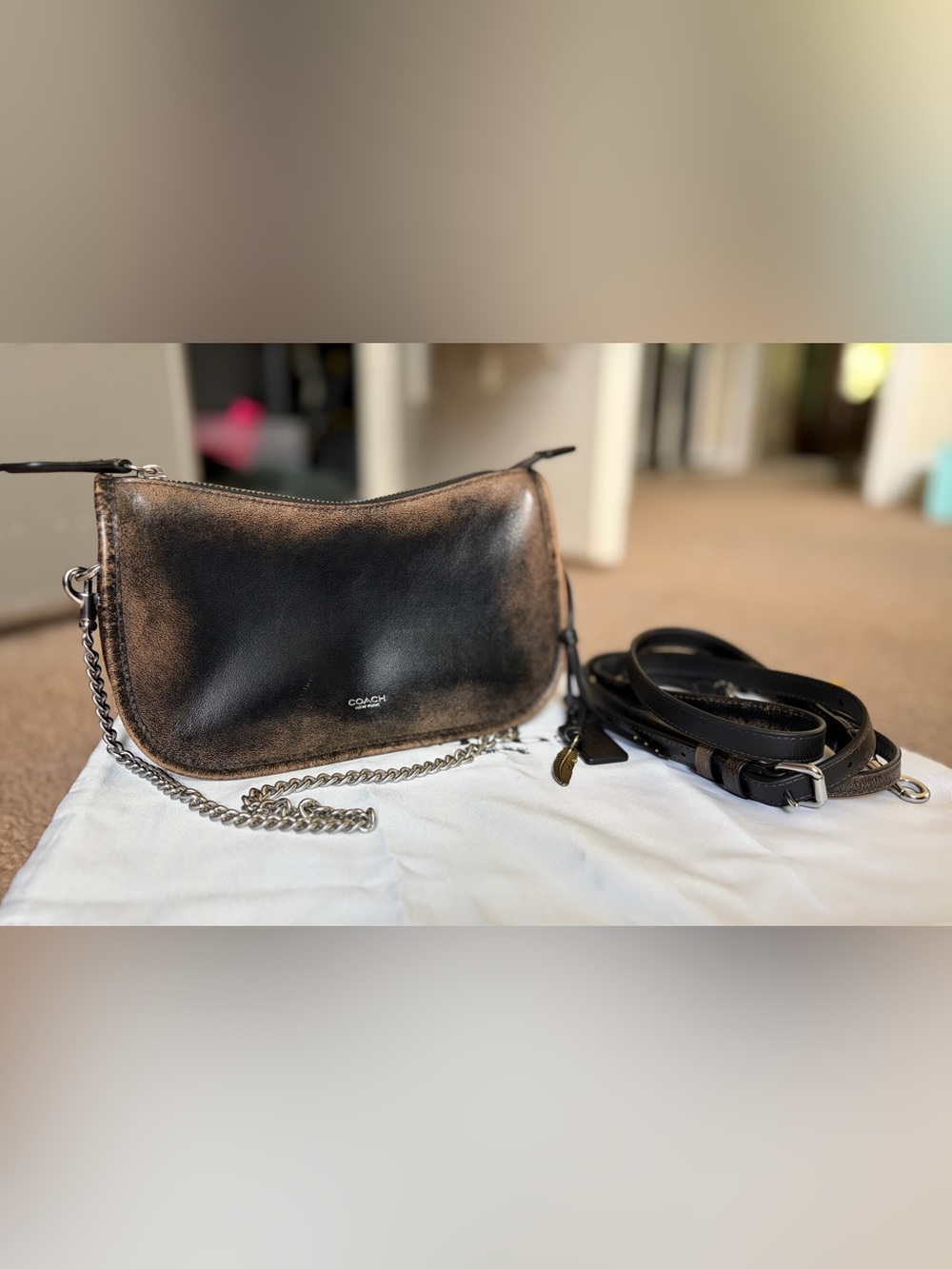 Coach Waverly in Loved Leather Zip Shoulder Bag Chain Strap Detachable Crossbody
